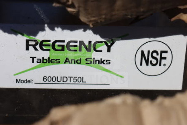 BRAND NEW Regency 50" 16-Gauge Stainless Steel Dishtable, Model 600UDT50L, Sink on Left, Box Damaged, NSF Certified.