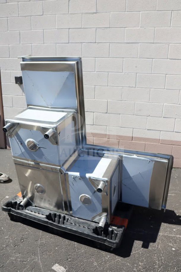 Regency 600S31620C 57" metal corner sink with three compartments, two 18" drainboards, brand new scratch-n-dent condition.
