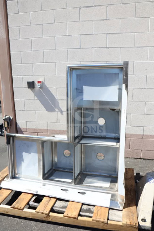 Regency 600S31620C 57" corner sink, three compartments, two 18" drainboards, new without packaging, minor scratches/dents.