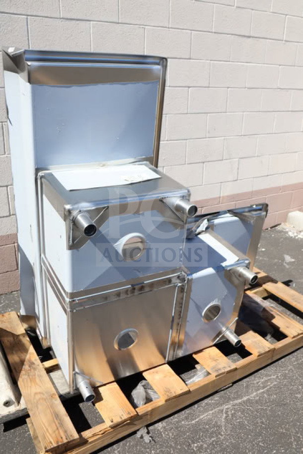 Regency 600S31620C 57" three-compartment corner sink with two 18" drainboards, minor scratches and dents, on pallet.