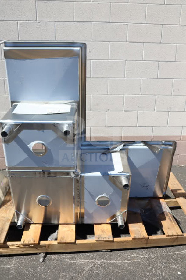 Regency 600S31620C 57" three-compartment corner sink with two 18" drainboards. Brand new, minor scratches and dents visible.