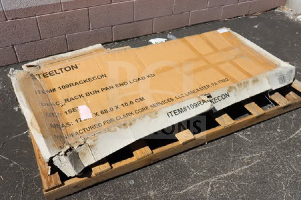 Brand new Steelton 20 Pan Rack, Model 109RACKECON, unassembled. Damaged box, may be missing parts.
