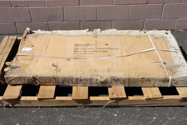 Brand new Regency 460EGSC2460 NSF Green Wire Security Cage, 24"x60"x61", packaging damaged, on wooden pallet.