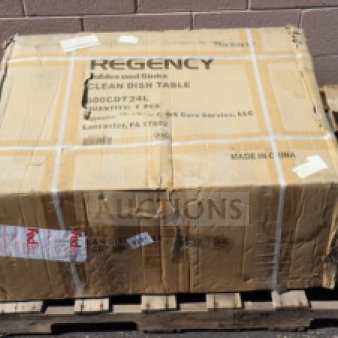 Brand new Regency 16 Gauge 2' Clean Dish Table in box. Model 600CDT24L, left drainboard. Box shows shipping labels and wear.