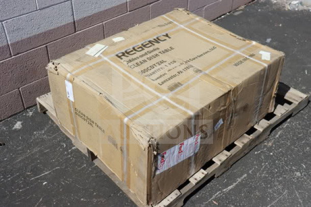 Regency 16 Gauge 2' Clean Dish Table, Model 600CDT24L, brand new in box on pallet, left drainboard.