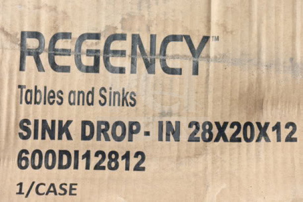 BRAND NEW Regency 28"x20"x12" 16-Gauge Stainless Steel Drop-In Sink, model 600DI12812, in original packaging.