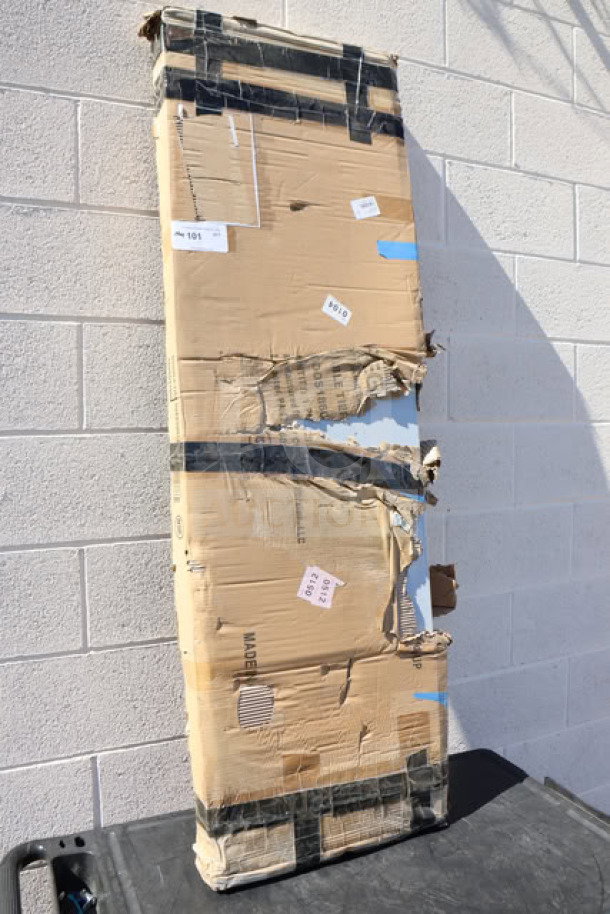 Damaged packaging of Regency 600DOS1860 stainless steel double deck overshelf, dimensions 18" x 60" x 32".