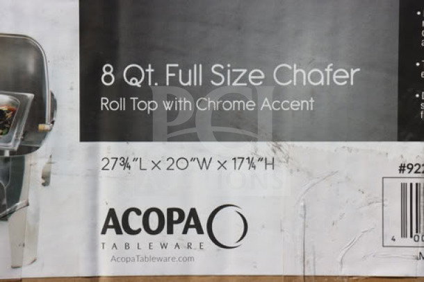 Acopa Supreme 8 Qt. Roll Top Chafer, chrome accent, 27¾"x20"x17¼". Brand new; box damaged, model 922EC15CHROM.