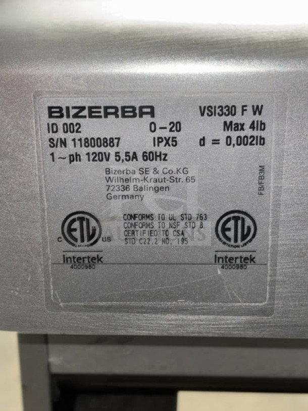 Bizerba VSI330 F W electric meat slicer, 13" blade, automatic, with portion scale and touchscreen. S/N: 11800887.