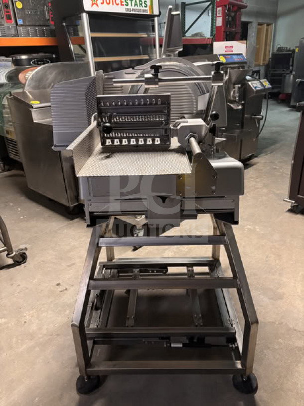 Bizerba VSI330 F W electric meat slicer on stainless steel mobile stand with casters; features 13” blade, touchscreen, IPX5 washdown design, and programmable slicing patterns.