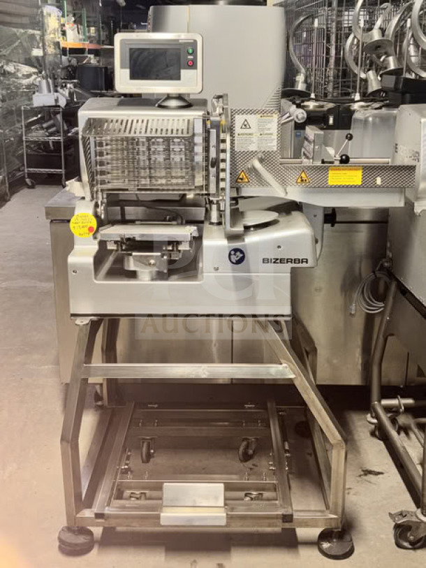 Bizerba VSI330 F W electric meat slicer with 13” blade, touchscreen controls, integrated portion scale, and mobile stand.