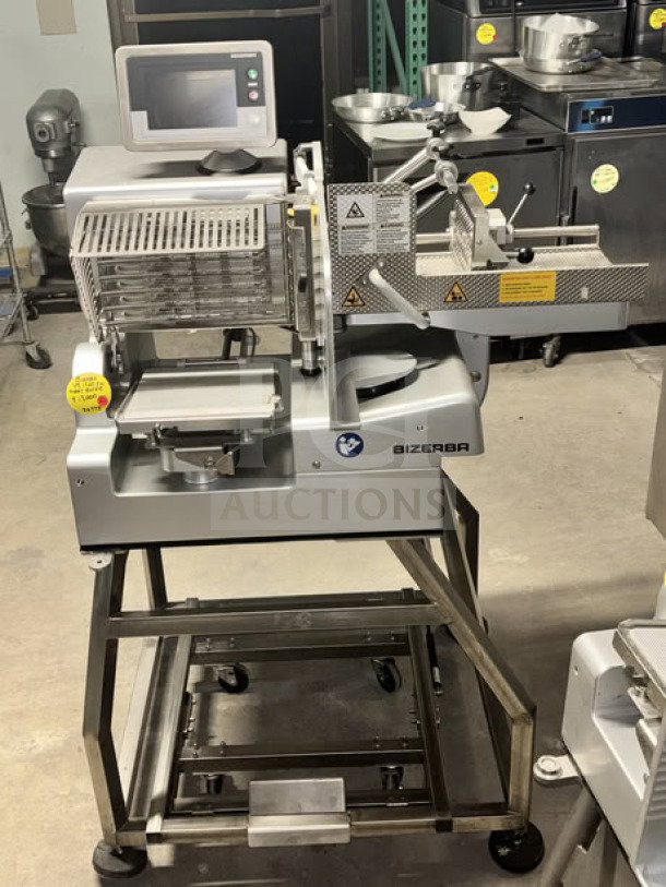 Bizerba VSI330 F W electric meat slicer with 13" blade, touchscreen, integrated scale, on mobile stainless steel stand.