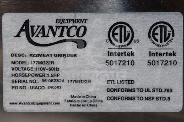 Avantco MG22R #22 Meat Grinder label, showing model 177MG22R, 110V, 1.5hp, serial no. 35 082824, ETL listed.