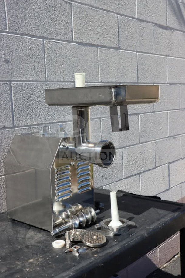 Avantco MG22R #22 Meat Grinder, reverse function, stainless steel, 110V, 1 1/2 hp; includes attachments and accessories.