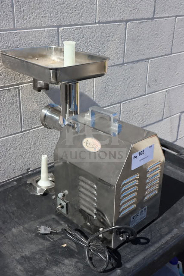 Avantco MG22R #22 meat grinder with reverse function, 1 1/2 hp, stainless steel finish, serial no. 35 082824, 110V power.