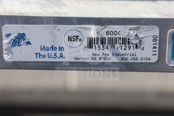 New Age 6000 Series Aluminum Dunnage Rack, 36"x20"x12", 2,000 lb. capacity, Model 6004, NSF certified, Made in USA label.