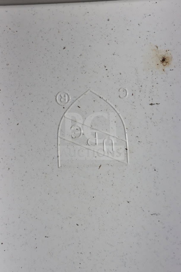 BRAND NEW Zurn Elkay Z1996-24-AW white composite mop sink, 24"x24"x10", shows dirt and dust, UPC marking visible.