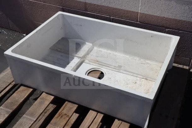 BRAND NEW SCRATCH-N-DENT Zurn Elkay Z1996-24-AW mop sink, 24"x24"x10", white composite, dirt and dust present.