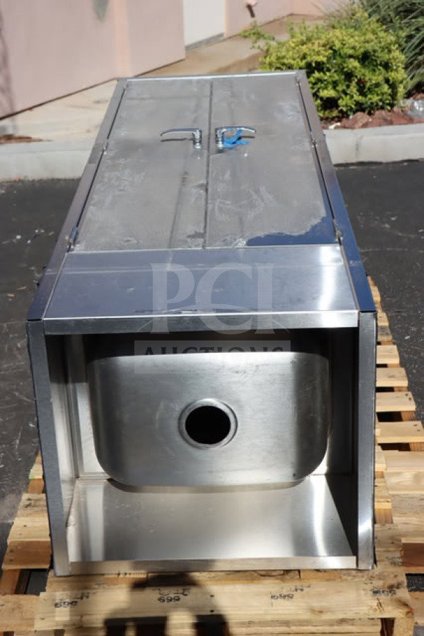 New Eagle Group F1916-VSCS mop sink cabinet, 430 stainless steel, scratch-n-dent, 22.25"x25"x84.25", on pallet.