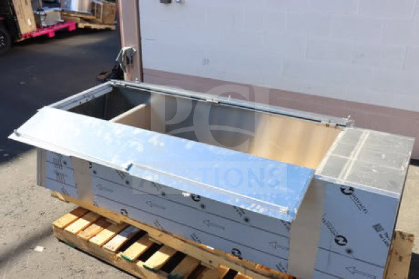 Eagle Group F1916-VSCS stainless steel mop sink cabinet, brand new, 22 1/4" x 25" x 84 1/4", on pallet, visible packaging.