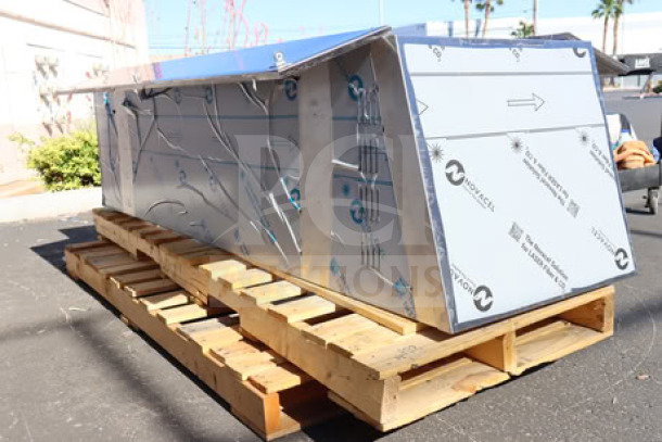 Brand new Eagle Group F1916-VSCS 430 stainless steel mop sink cabinet on pallet, 22.25"x25"x84.25", scratch-n-dent condition.