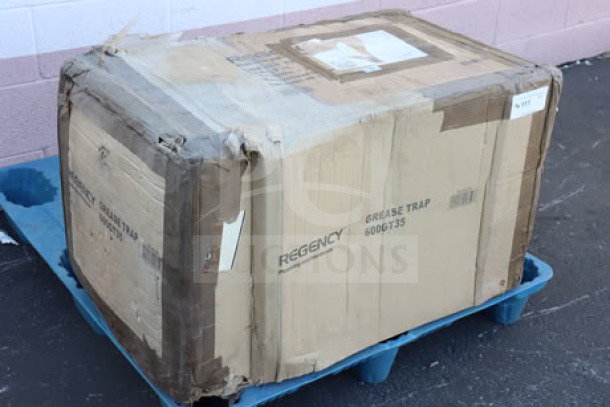 Regency 600GT35 70 lb. grease trap, brand new in box. Features 35 GPM capacity, 3" non-threaded connections. PDI certified.