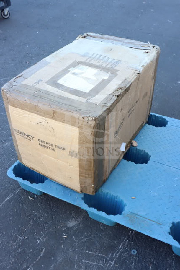 Brand new Regency 600GT35 grease trap in original box, 70 lb. capacity, 35 GPM, non-threaded 3" connections, PDI certified.