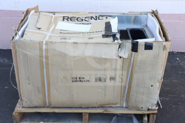 Regency 600IB2136 stainless steel underbar ice bin, brand new, packaging ripped, 21"x36" with bottle holders, 119 lb. 