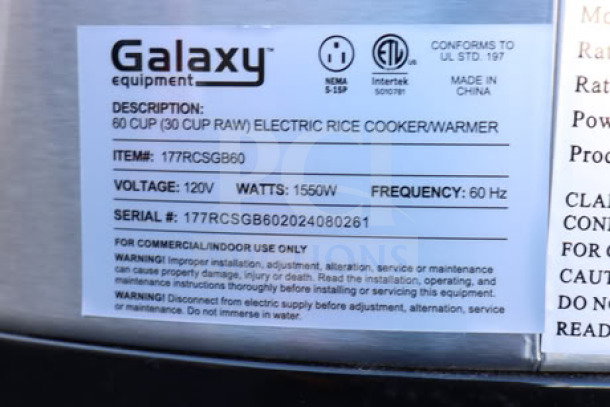 Brand new Galaxy 177RCSGB60 electric rice cooker/warmer, 60 cup capacity. Serial: 177RCSGB602024080261, 120V, 1550W.