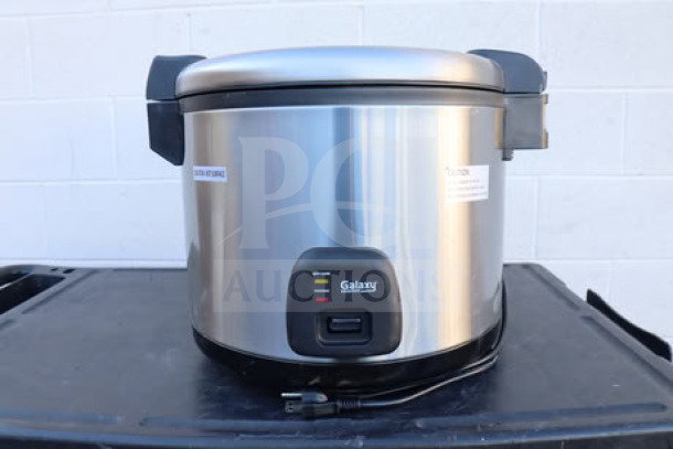 Brand new Galaxy 60 Cup Electric Rice Cooker, Model 177RCSGB60, 120V, 1550W, stainless steel finish, out of box.
