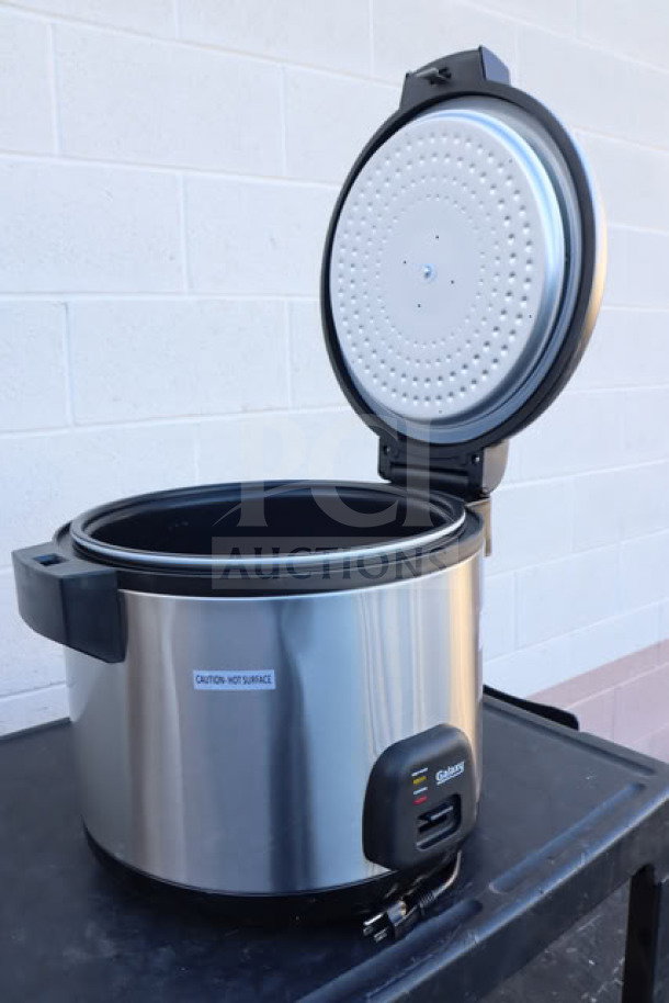 Brand new Galaxy 60 Cup Electric Rice Cooker/Warmer, model 177RCSGB60, 120V, 1550W, with open lid, stainless steel finish.