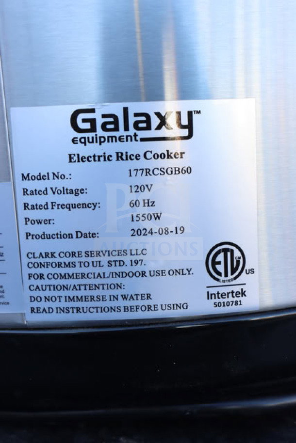 BRAND NEW Galaxy 60 Cup Electric Rice Cooker, Model 177RCSGB60, 120V, 1550W, production date 2024-08-19.