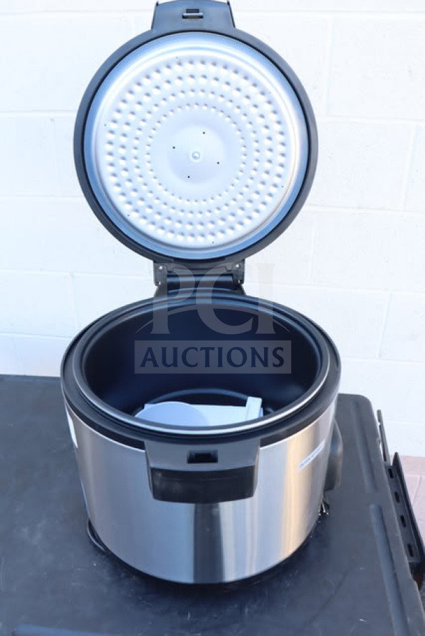 Brand new Galaxy 177RCSGB60 electric rice cooker, 60-cup capacity, stainless steel, open lid view, model 177RCSGB60.