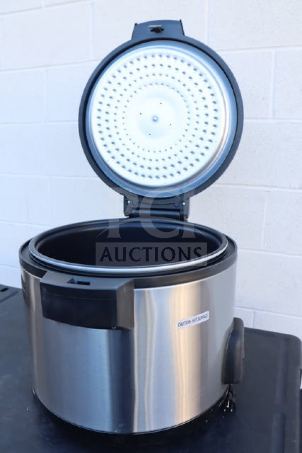 Brand new Galaxy 60 Cup Electric Rice Cooker, model 177RCSGB60, stainless steel, open lid, 120V, 1550W.