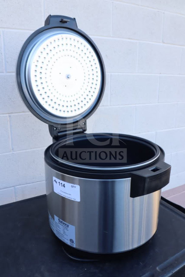 Brand new Galaxy 60 Cup Electric Rice Cooker/Warmer, model 177RCSGB60, stainless steel, 120V, 1550W, serial 177RCSGB602024080261.