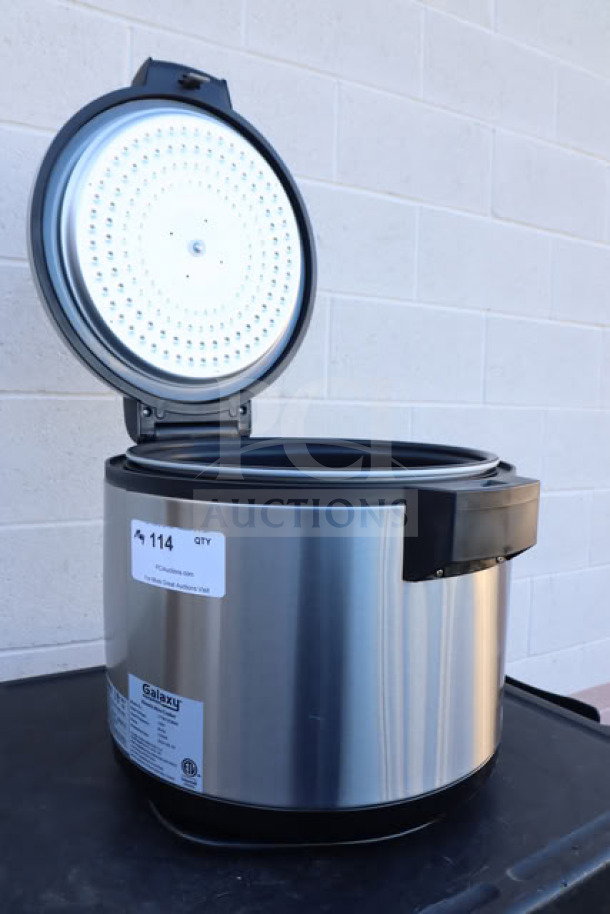 Brand new Galaxy 60 Cup Electric Rice Cooker, model 177RCSGB60. Stainless steel, open lid, labeled with serial #177RCSGB602024080261.