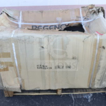 Damaged packaging of Regency 600IB2136, 21"x36" stainless steel underbar ice bin with bottle holders, new in box.