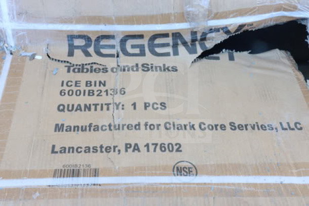 Regency 600IB2136 21"x36" stainless steel underbar ice bin with bottle holders. Packaging damaged, item brand new.