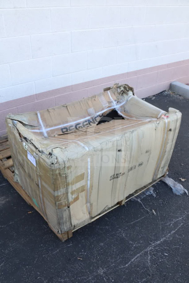 Damaged packaging of a Regency 600IB2136 21"x36" stainless steel underbar ice bin with bottle holders, 119 lb. Brand new item inside.