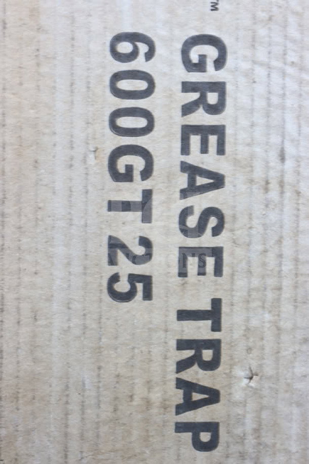 Regency 600GT25 Grease Trap in original packaging, 50 lb, 25 GPM, PDI certified, 3" non-threaded connections, damaged box.