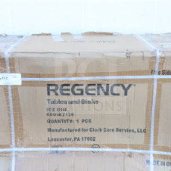 Regency 600IB2136 stainless steel underbar ice bin, 21"x36", 119 lb capacity, with bottle holders, in original packaging.