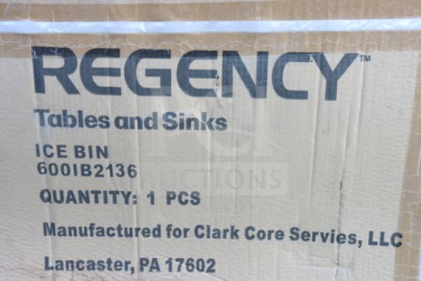 Regency 600IB2136 stainless steel underbar ice bin box, new condition, labeled with model and manufacturer details.