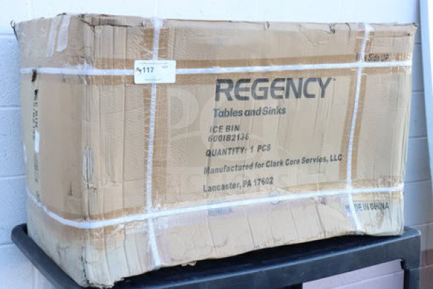 Regency 600IB2136 Stainless Steel Underbar Ice Bin, new in box, with bottle holders, 21" x 36", 119 lb capacity.