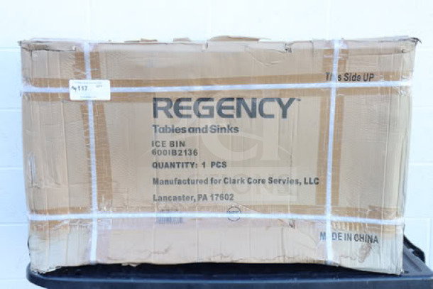 Regency 600IB2136 21" x 36" stainless steel underbar ice bin with bottle holders, new in box, 119 lb capacity.