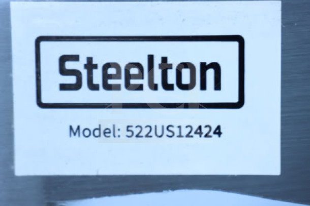 Steelton utility sink label, model 522US12424, indicating make and model.