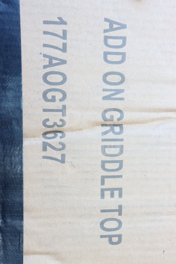 BRAND NEW Add-On 6 Burner Griddle Top, model 177AOGT3627. Dimensions: 35 7/8" x 27" x 4". Original packaging is damaged.