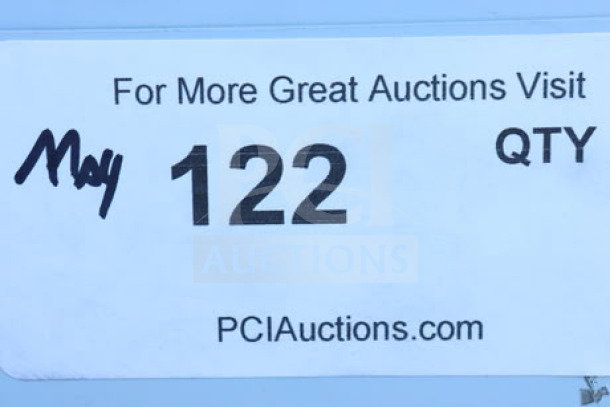 Label for Steelton 522US12424 utility sink. Includes auction info and lot number 122. Visit PCIauctions.com for details.