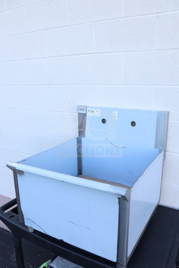 Brand new Steelton 522US12424 utility sink, 24"x24"x14", scratch-n-dent, for 8" center faucet, metal tags visible.