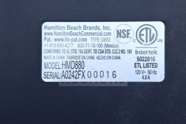 Hamilton Beach HMD880 MixStation label, showing model, serial number, and certifications. 120V, 576W, scratch-n-dent condition.