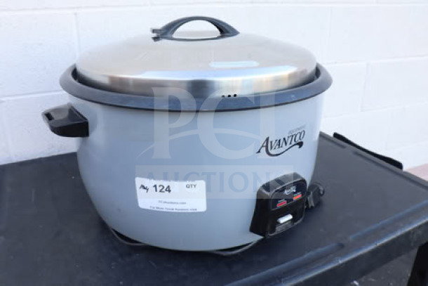 Brand new Avantco RCB124 electric rice cooker, 124 cup capacity, gray with removable lid, 240V, 3000W. Visible label with quantity "124".